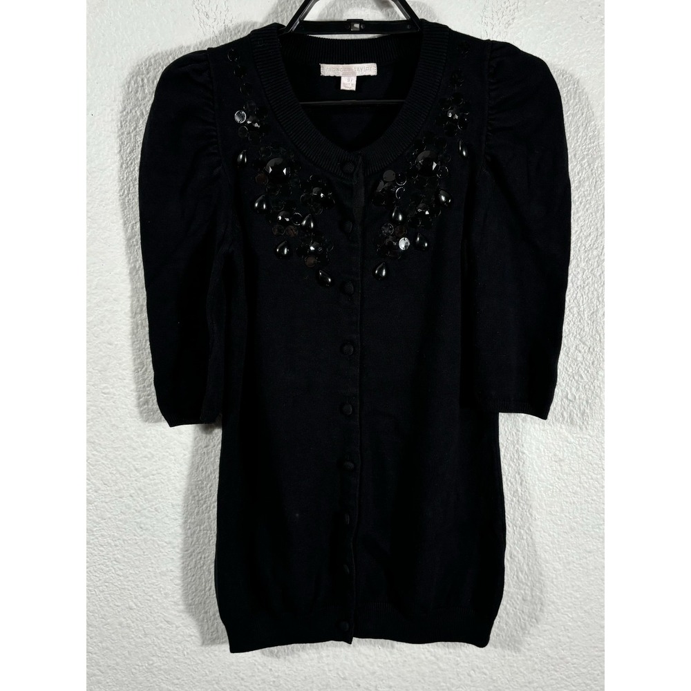 Rebecca Taylor Sweater Womens Small Black Embellished Short Sleeve Knit Cardigan